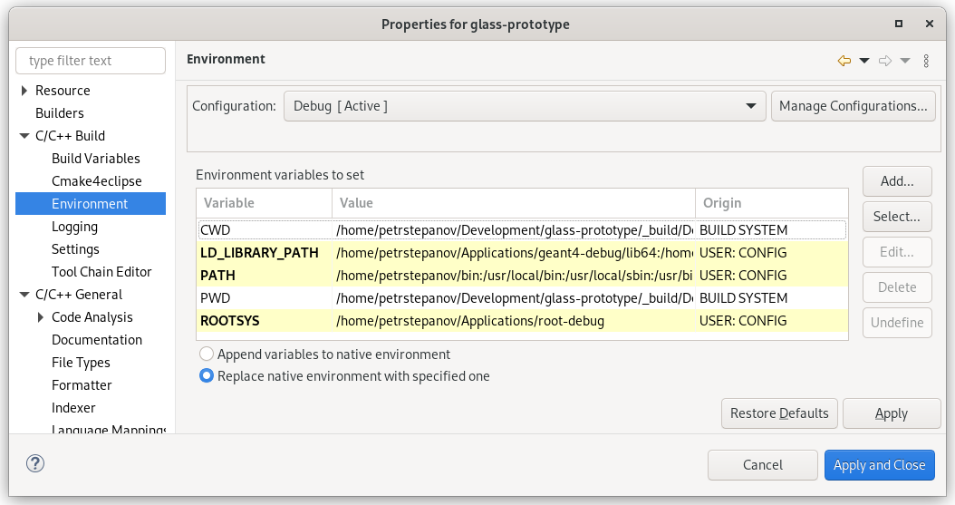 eclipse environment variables for ROOT-based project