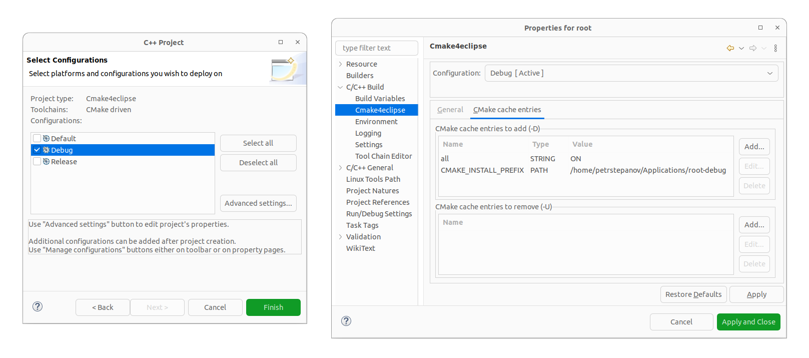 cmake4eclipse build configuration setup